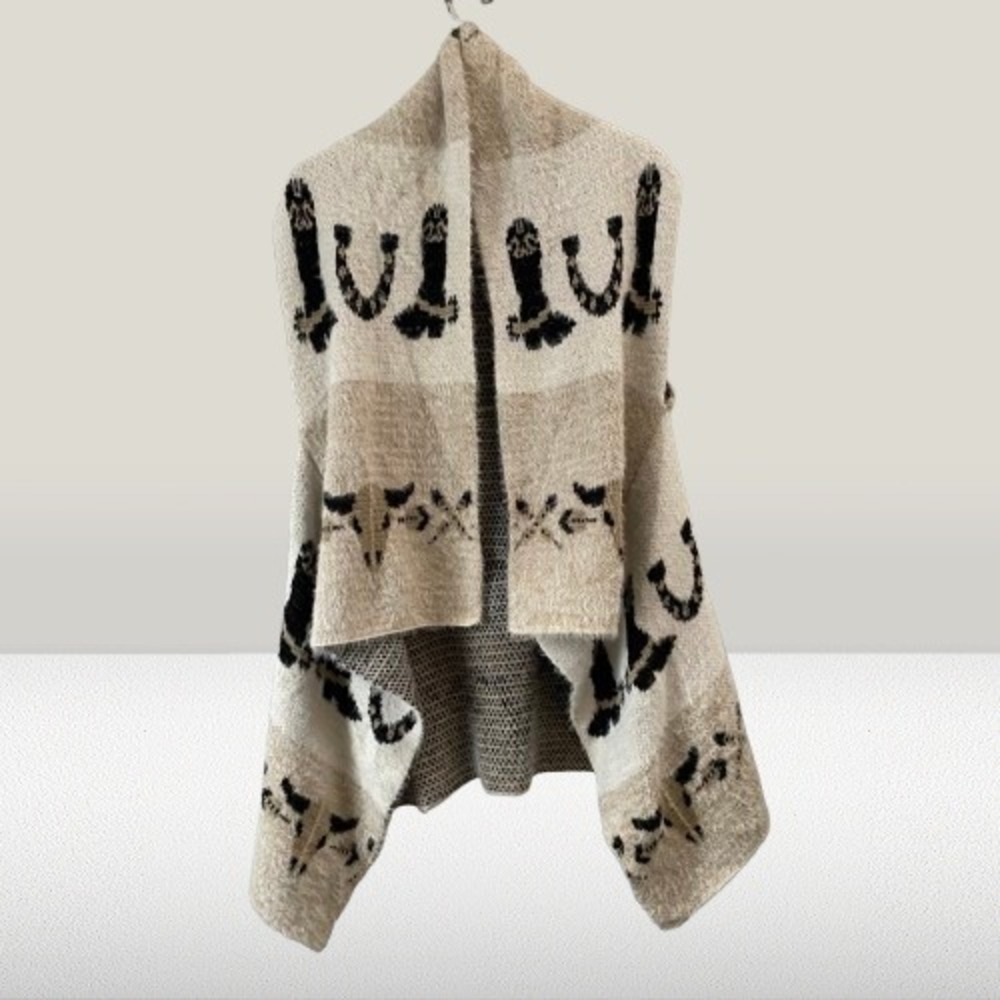 Western Boho Long‎ Open Front Cardigan Sweater Tan One Size